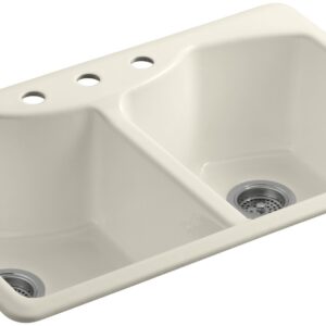 KOHLER K-6482-3A4-47 Bellegrove Double Bowl Top-Mount Kitchen Sink with Three Hole Drillings, Almond