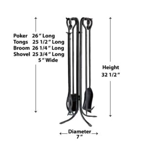 Plow & Hearth Tall 5 Piece Hand Forged Iron Fireplace Tool Set with Poker, Tongs, Shovel, Broom, and Stand 7-in Diam. x 32.5 H Black