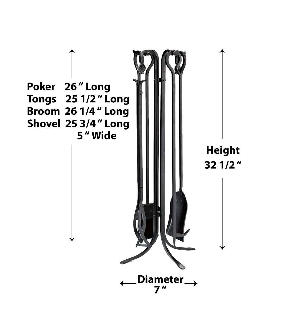 Plow & Hearth Tall 5 Piece Hand Forged Iron Fireplace Tool Set with Poker, Tongs, Shovel, Broom, and Stand 7-in Diam. x 32.5 H Black