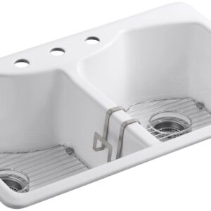 KOHLER K-6482-3A4-47 Bellegrove Double Bowl Top-Mount Kitchen Sink with Three Hole Drillings, Almond