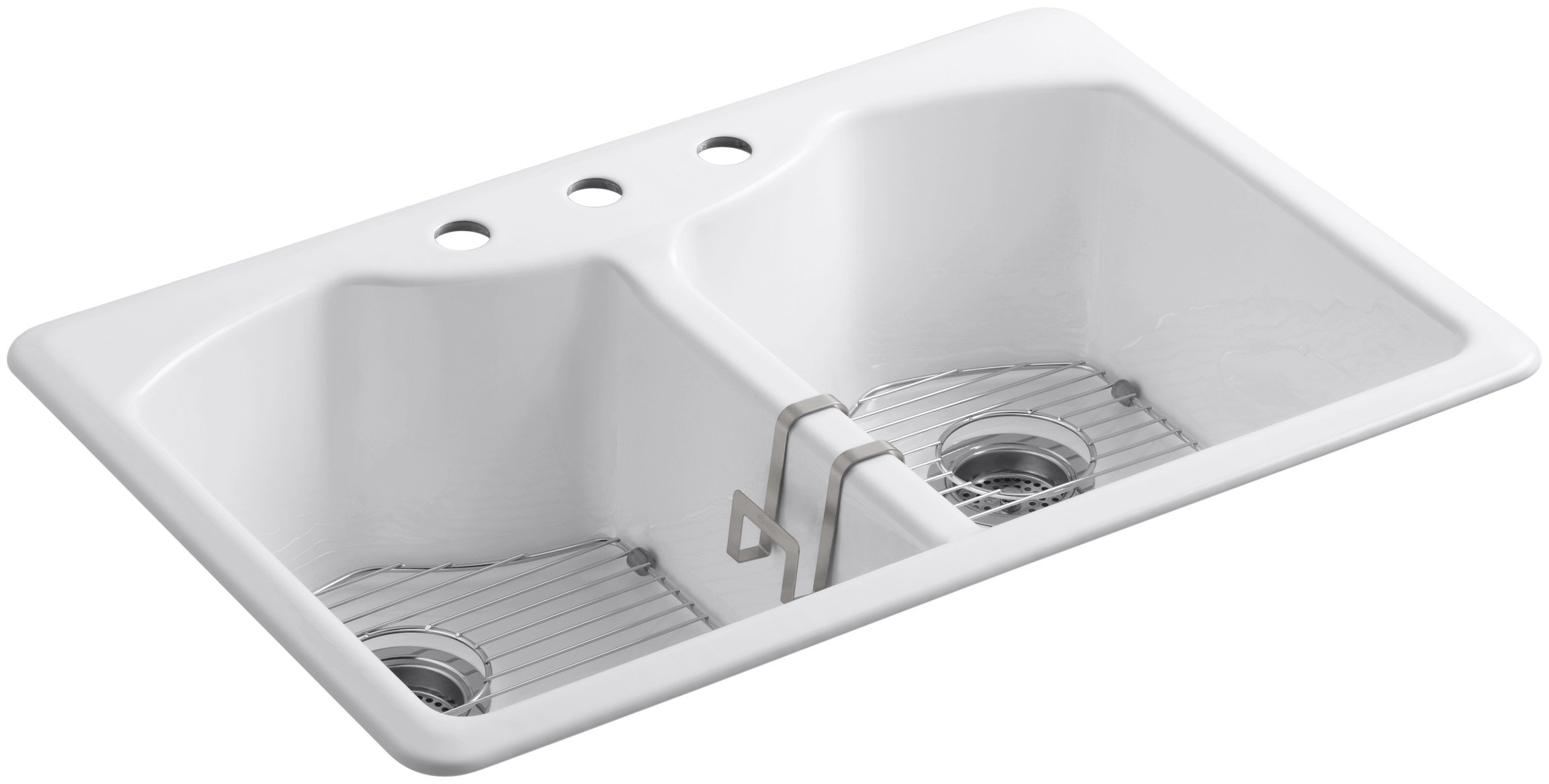 KOHLER K-6482-3A4-47 Bellegrove Double Bowl Top-Mount Kitchen Sink with Three Hole Drillings, Almond