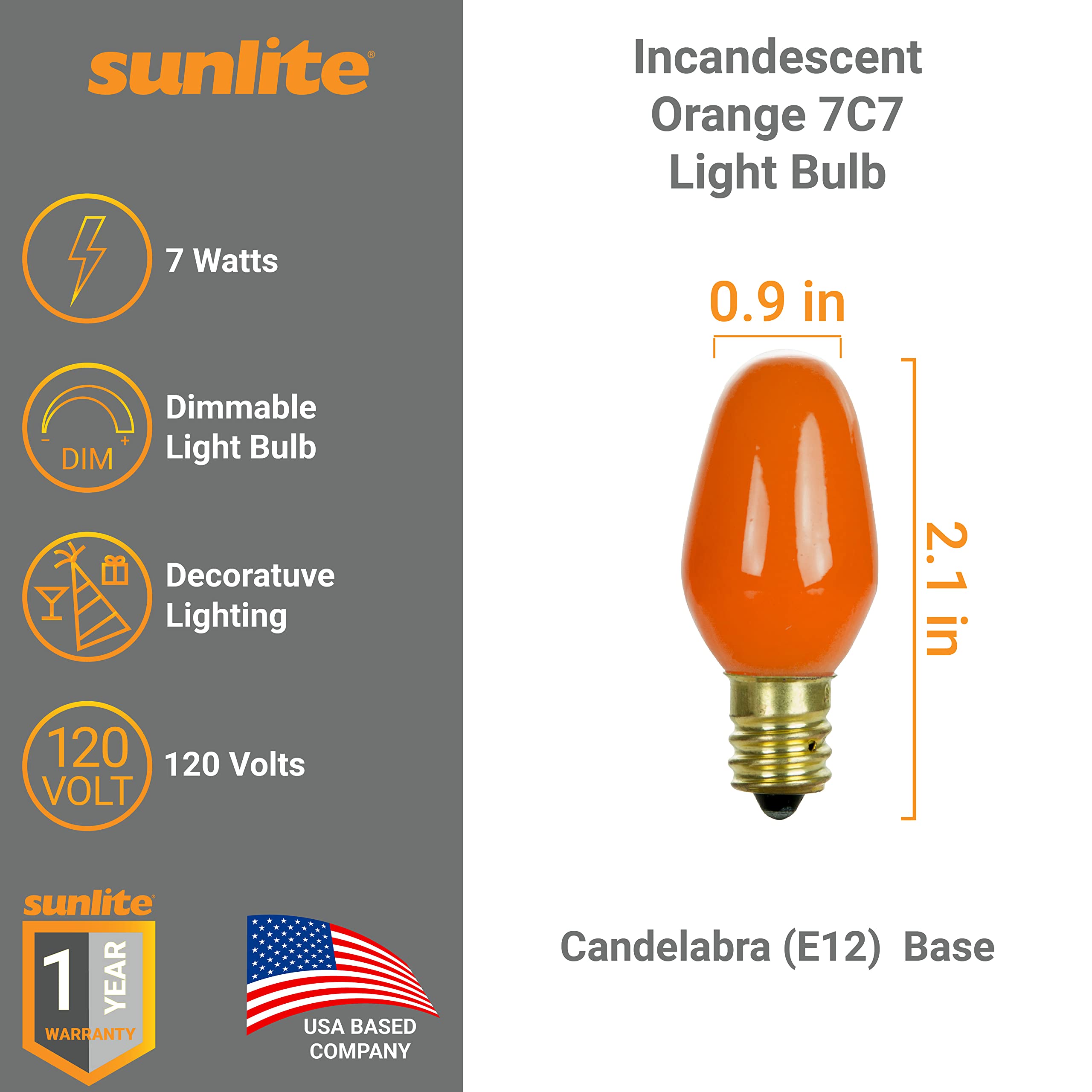 Sunlite 01232 7C7 Incandescent Bulb, 7 Watt, Candelabra E12 Base, C7 Small Night Light, Colored Bulb, Orange, 4 Count