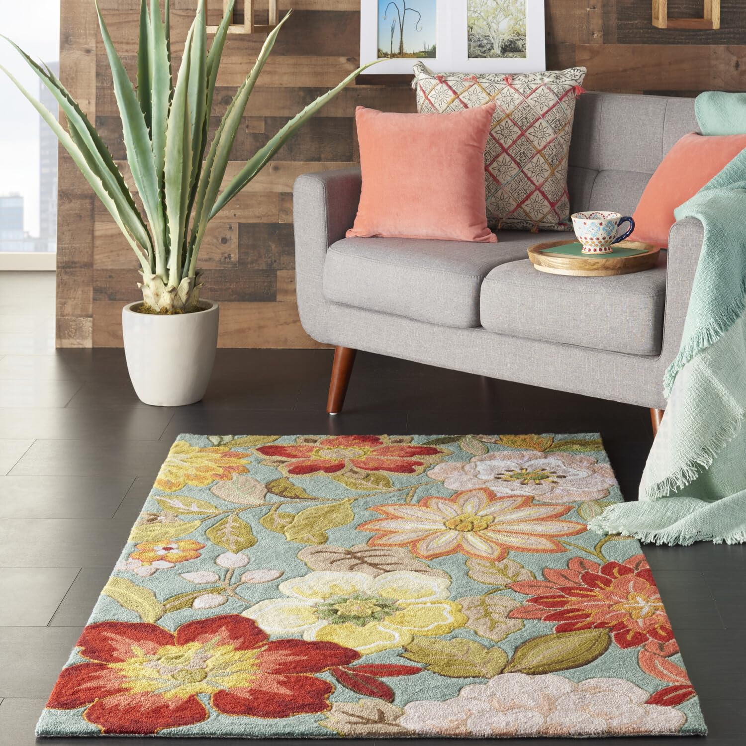 Nourison Fantasy Aqua 3'6" x 5'6" Area-Rug, Modern, Floral, Bed Room, Living Room, Dining Room, Kitchen, Easy washing, Non Shedding, (4' x 6')