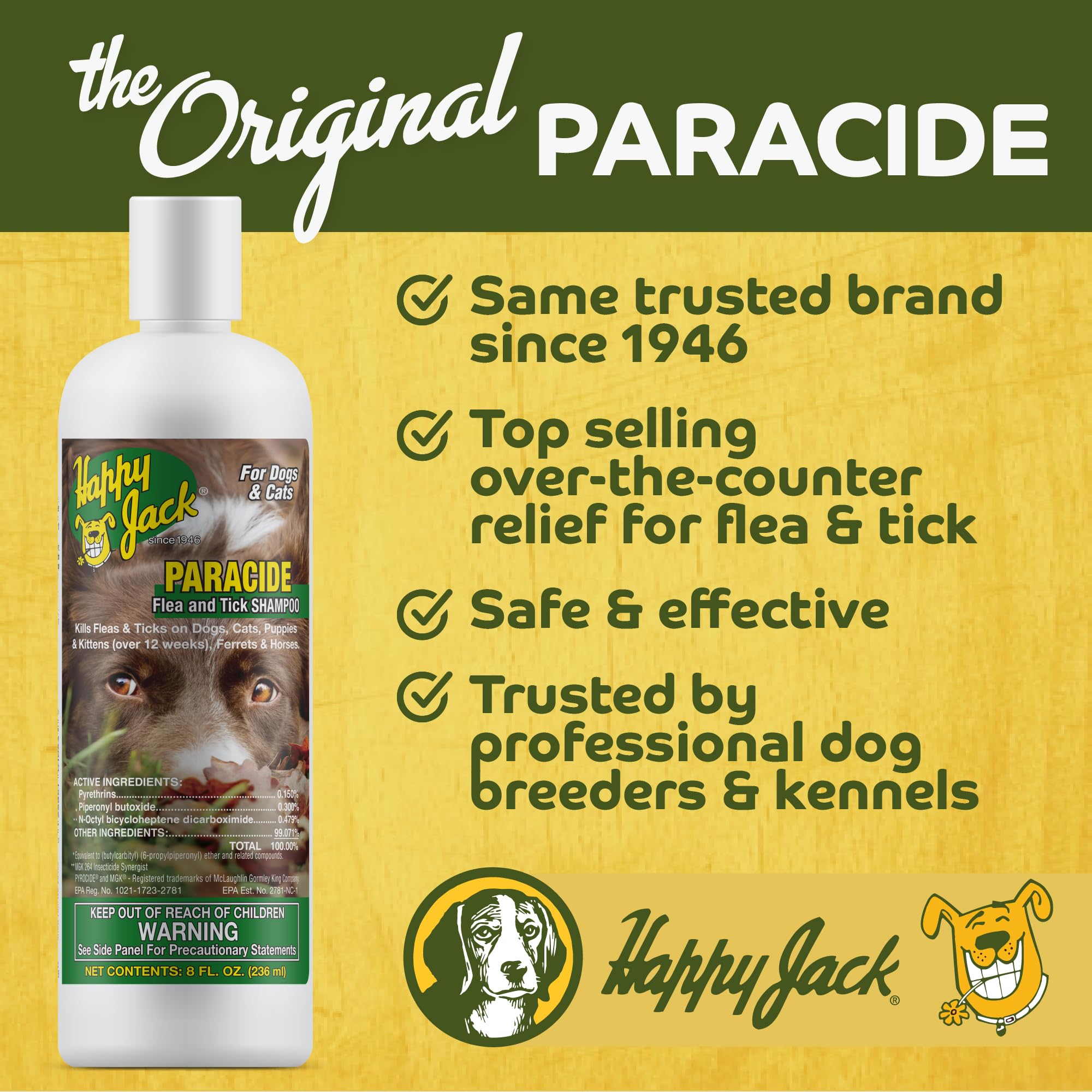 Happy Jack Paracide Flea & Tick Shampoo for Dogs, Dog Flea and Tick Treatment, Flea and Tick Prevention for Cats, 8 oz