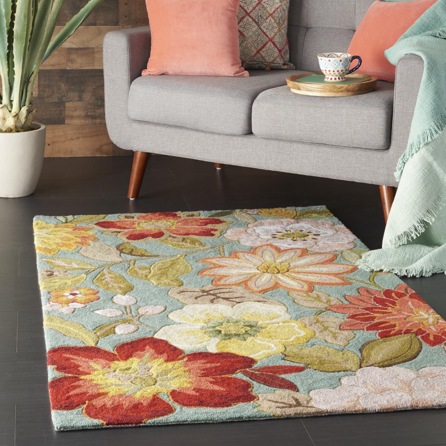 Nourison Fantasy Aqua 3'6" x 5'6" Area-Rug, Modern, Floral, Bed Room, Living Room, Dining Room, Kitchen, Easy washing, Non Shedding, (4' x 6')