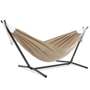 vivere double sunbrella® hammock with space saving steel stand, sand (450 lb capacity - premium carry bag included)