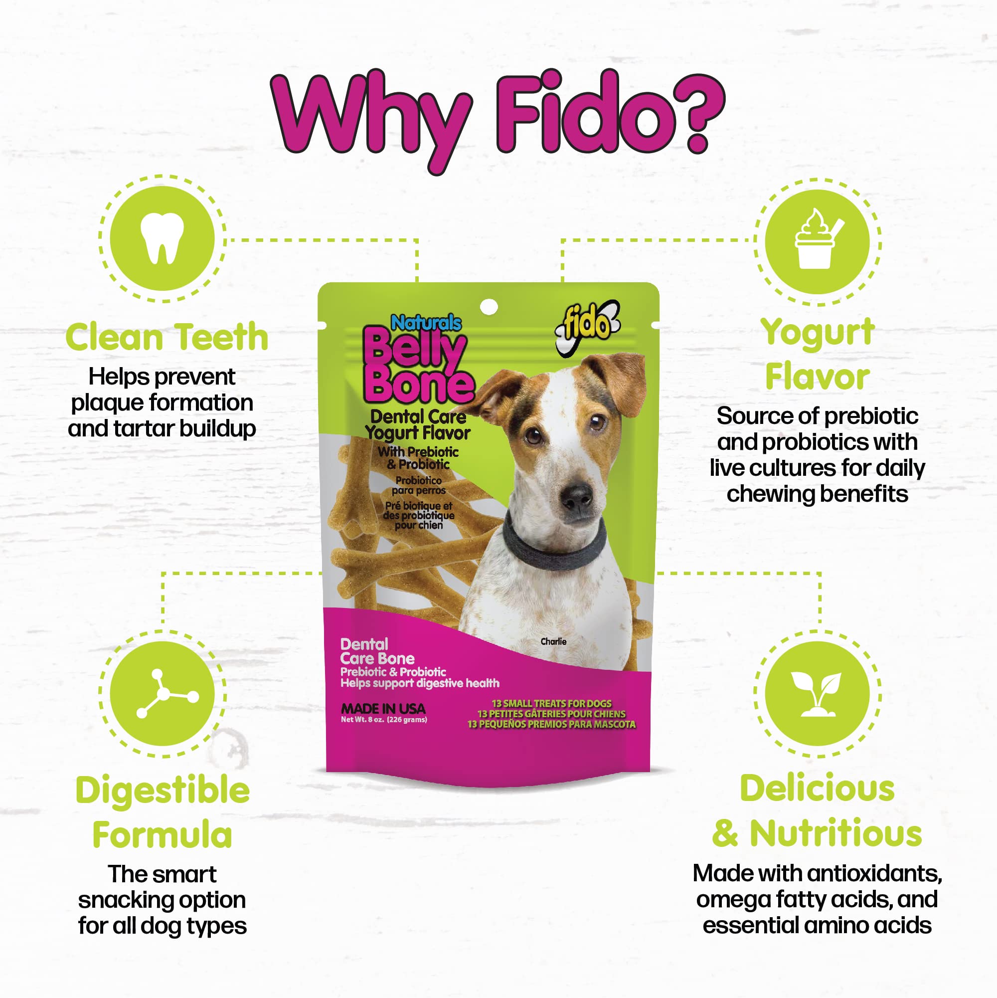 Fido Belly Bones for Dogs, 13 Yogurt Flavor Small Dog Dental Treats (Made in USA) - 13 Count Dog Treats for Small Dogs - Plaque and Tartar Control for Fresh Breath, Digestive Health Support