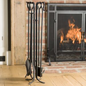 Plow & Hearth Tall 5 Piece Hand Forged Iron Fireplace Tool Set with Poker, Tongs, Shovel, Broom, and Stand 7-in Diam. x 32.5 H Black