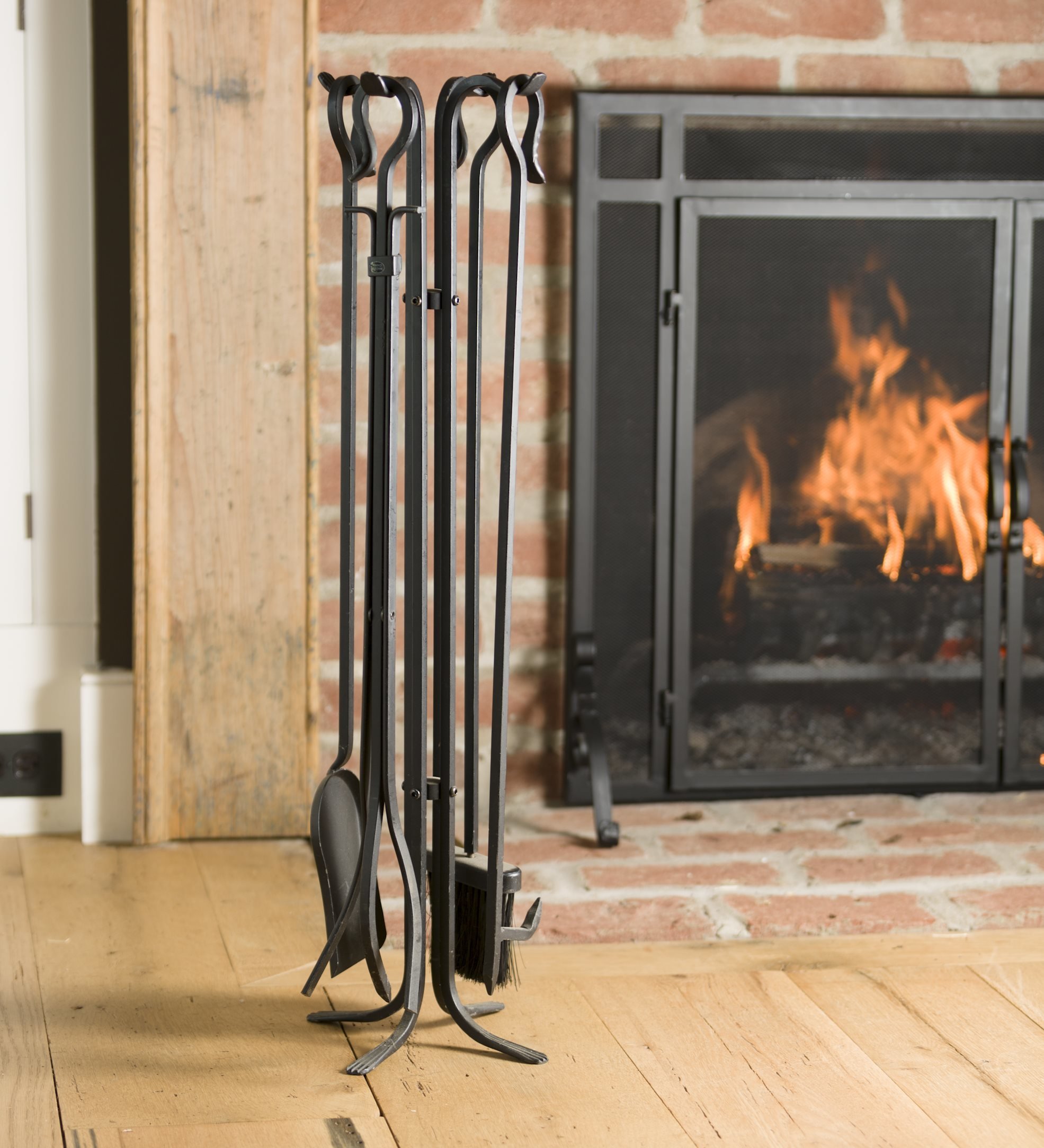 Plow & Hearth Tall 5 Piece Hand Forged Iron Fireplace Tool Set with Poker, Tongs, Shovel, Broom, and Stand 7-in Diam. x 32.5 H Black