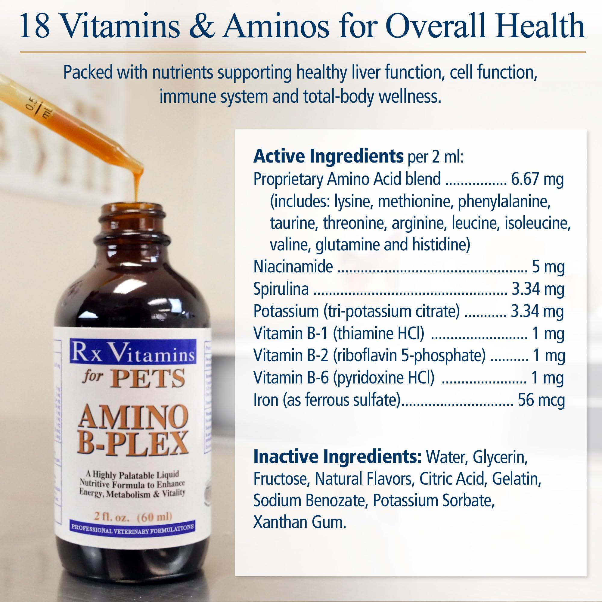 Rx Vitamins Amino B Plex for Pets - B Vitamin Complex Plus Amino Acids for Dogs & Cats - Vitamin Supplements for Dogs' & Cats' Total Body Support - 2 oz.