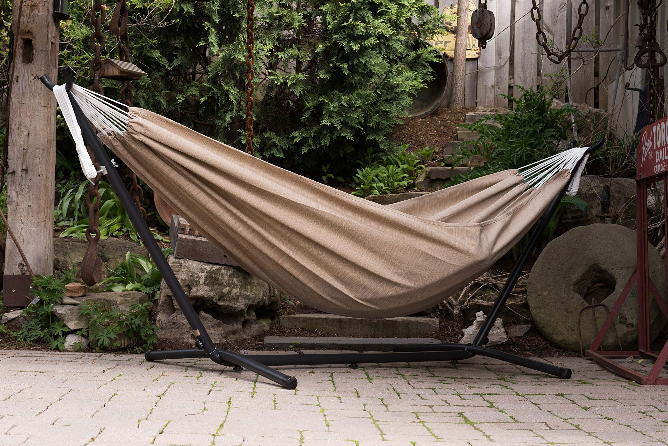 Vivere Double Sunbrella® Hammock with Space Saving Steel Stand, Sand (450 lb Capacity - Premium Carry Bag Included)