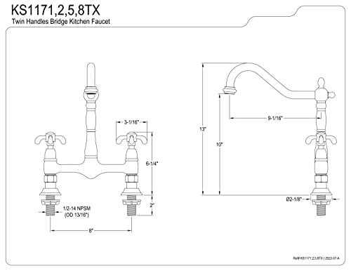 Kingston Brass KS1178TX Heritage 8-Inch Centerset Kitchen Faucet Without Sprayer, Brushed Nickel