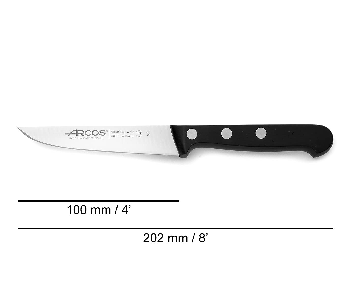 ARCOS Vegatable Knife 4 Inch Stainless Steel. Professional Vegetable Knife for Peeling Fruits and Vegetables. Ergonomic Polyoxymethylene Handle and 100 mm Blade. Series Universal. Color Black.