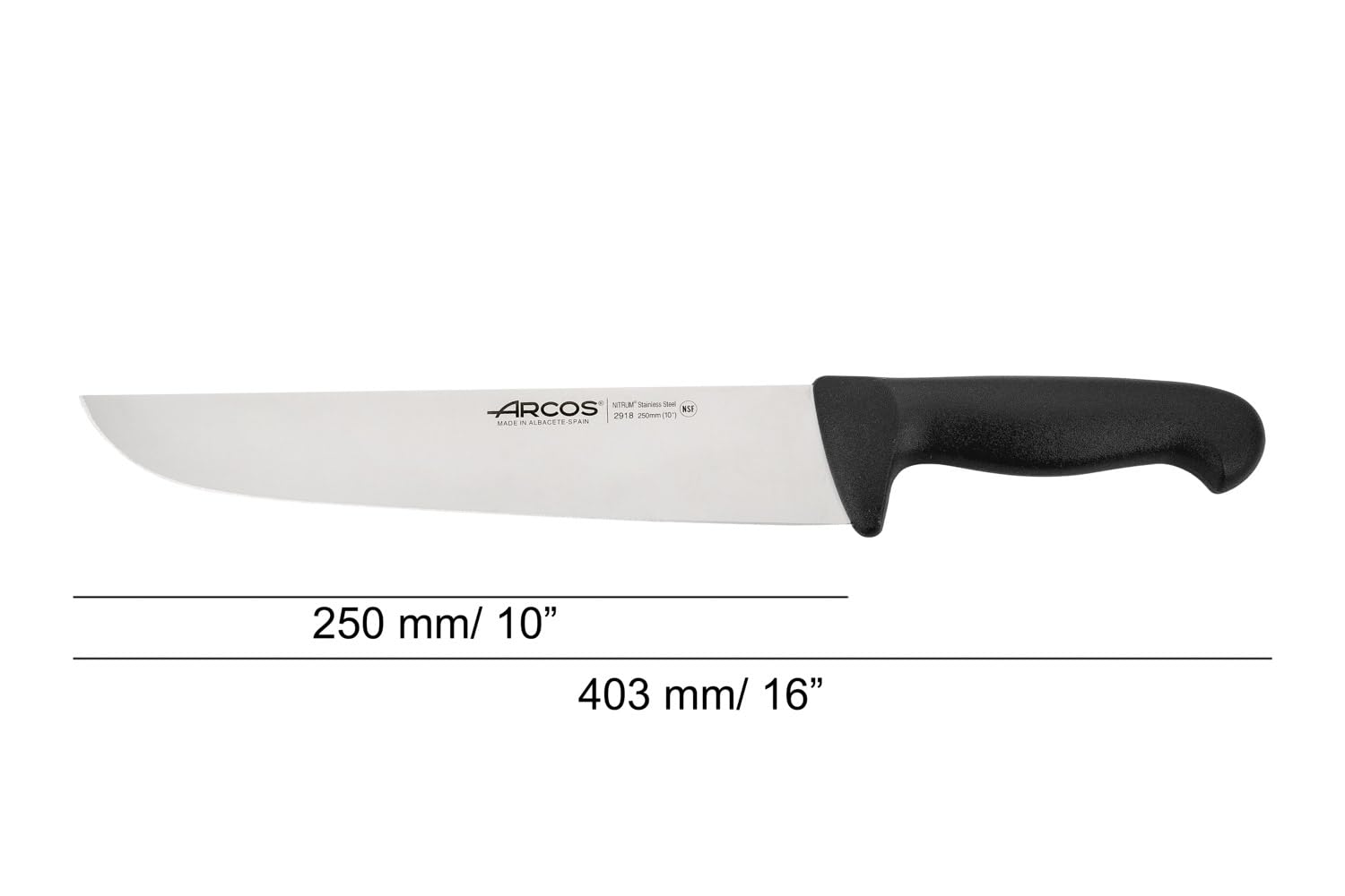 ARCOS Range Butcher Knife 10 inch Nitrum Stainless Steel. Steak Knife. Polypropylene Black Handle. Color Identification System for Prolonged and Heavy Use. Series 2900. Color Black.