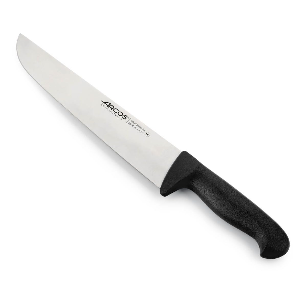 ARCOS Range Butcher Knife 10 inch Nitrum Stainless Steel. Steak Knife. Polypropylene Black Handle. Color Identification System for Prolonged and Heavy Use. Series 2900. Color Black.