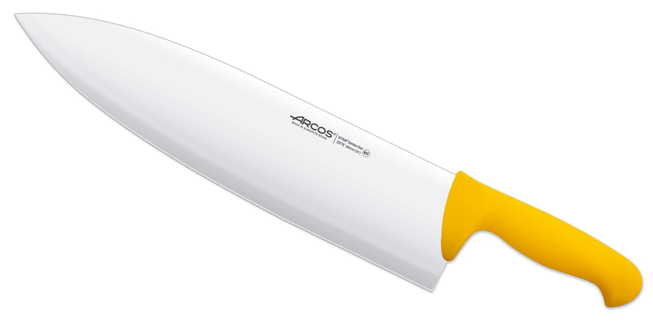 ARCOS Roma Knife/Butcher Knife 14 Inch Nitrum Stainless Steel and 360 mm blade. Ergonomic Polypropylene Handle. Series 2900. Features different handle colors to make it easier. Color Yellow.