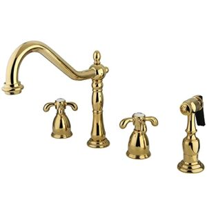 kingston brass kb1792txbs french country widespread kitchen faucet with brass sprayer, polished brass