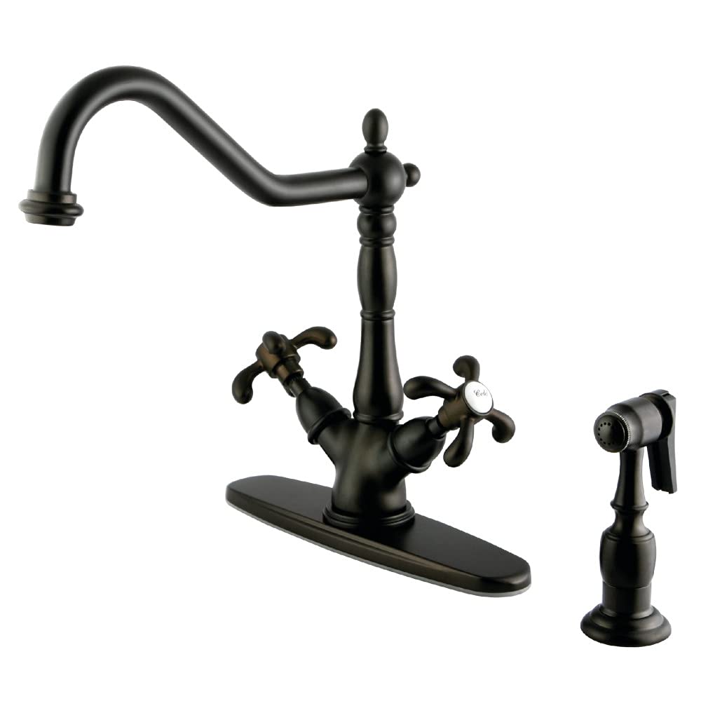 Kingston Brass KS1235TXBS French Country Mono Deck Mount Kitchen Faucet with Brass Sprayer, 8-1/2-Inch, Oil Rubbed Bronze