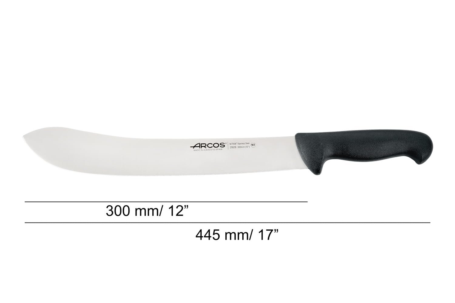 ARCOS Butcher Knife 12 Inch Nitrum Stainless Steel and 300 mm blade. Professional Cooking Knife For Cutting Meat, Fish and Vegetables. Ergonomic Polyoxymethylene Handle. Series 2900. Color Black