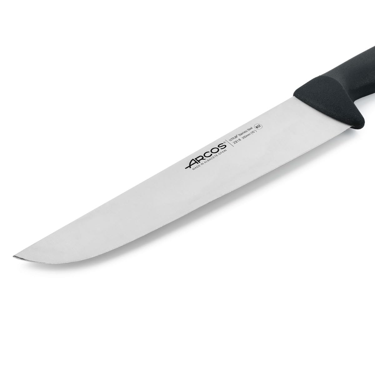 ARCOS Range Butcher Knife 10 inch Nitrum Stainless Steel. Steak Knife. Polypropylene Black Handle. Color Identification System for Prolonged and Heavy Use. Series 2900. Color Black.