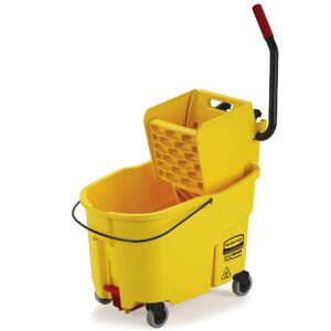 rubbermaid commercial products wavebrake 44 qt side-press mop bucket and wringer combo on wheels with foot drain, yellow, for heavy-duty floor cleaning