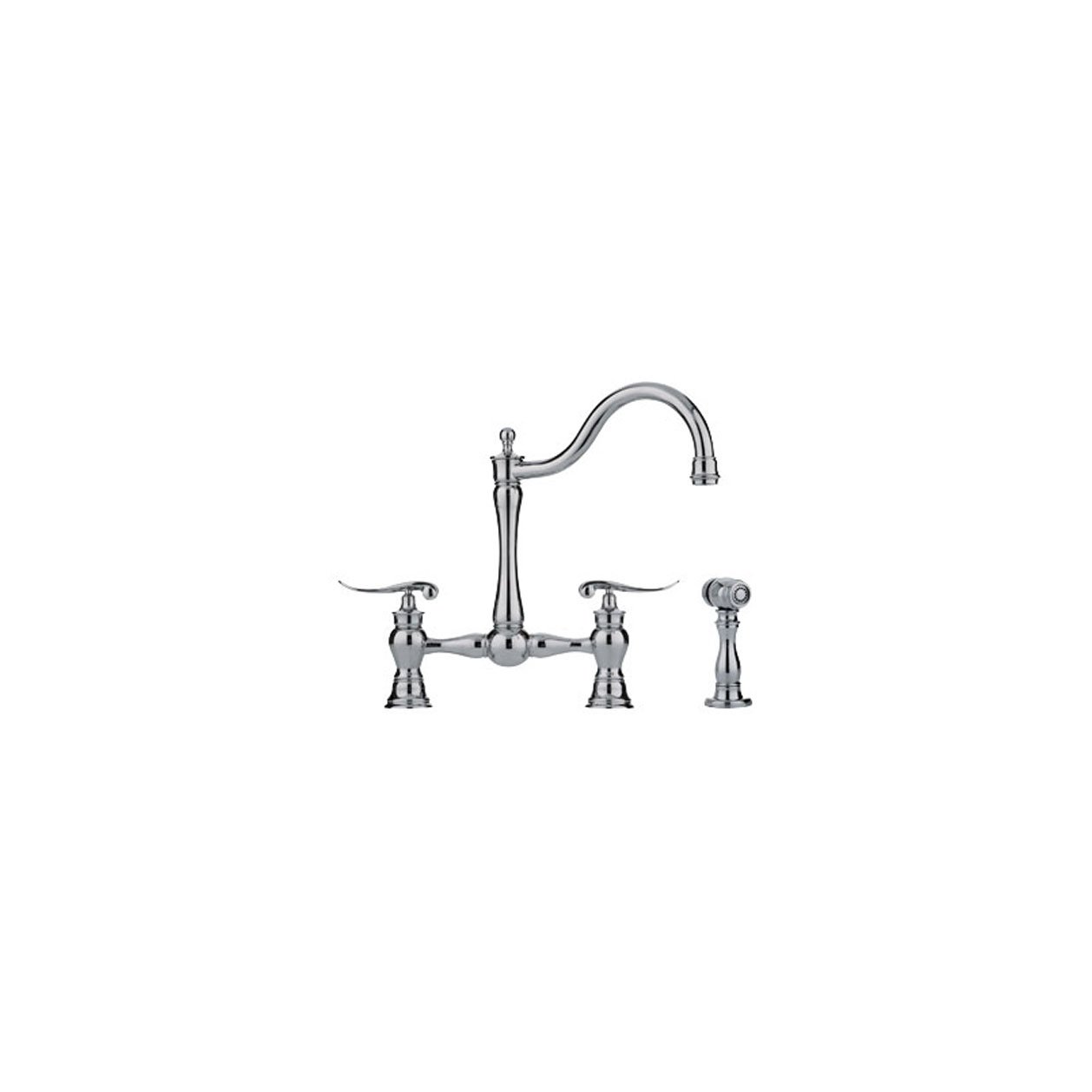 Franke FF7070 Two-Handle Bridge-Style Shepard's Hook Spout Kitchen Faucet with Sculpted Handles and Side Spray, Polished Nickel