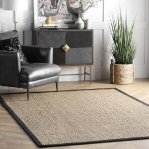 nuloom 6x9 elijah seagrass area rug, black, solid farmhouse style, cotton bordered, basketweave, natural fiber, for bedroom, dining room, living room, hallway, office, kitchen, entryway