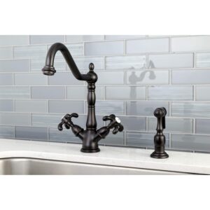 Kingston Brass KS1235TXBS French Country Mono Deck Mount Kitchen Faucet with Brass Sprayer, 8-1/2-Inch, Oil Rubbed Bronze