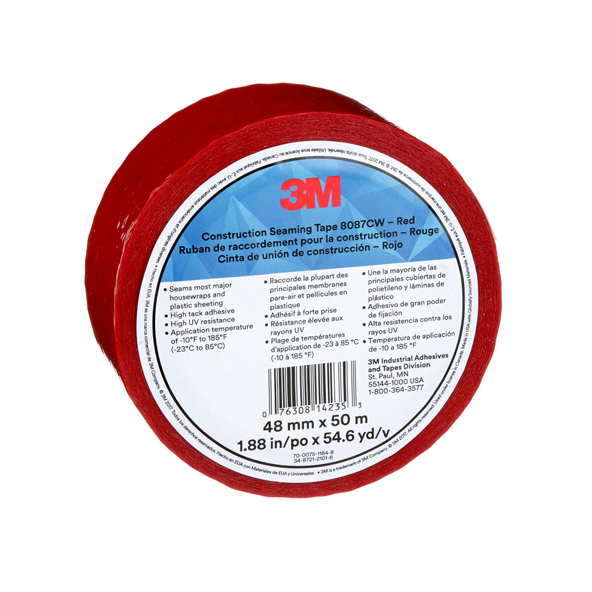 3M Construction Seaming Tape 8087CW, 1 Roll, Red, 48 mm x 50 m, Sheathing Tape for Seaming, Splicing, Sealing, and Repairing Moisture Barriers, Flexible in Cold Weather and High Heat