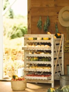 gardener's supply company orchard garden harvest rack, sturdy 6 drawer wooden vegetable & fruit storage cabinet kitchen organizer | for vegetables, fruits & herb drying