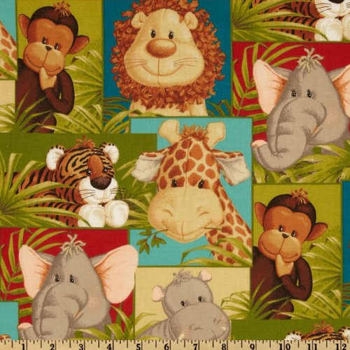 Jungle Babies Patchwork Animals Green, Fabric by the Yard