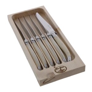 jean dubost laguiole 6-piece steak knife set, ivory handles - 1.2 mm blades - rust-resistant stainless steel - includes wooden tray - made in france