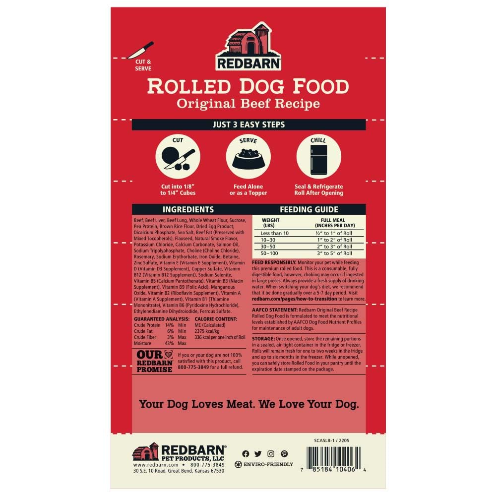 Redbarn Premium Rolled Dog Food, Semi-Moist, Beef Recipe - High Protein Full Feed, Topper, Training Treat, or Pill Pouch - Balanced Meal with Functional Ingredients - 4 lb. (8 Rolls)