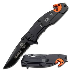 tac force tf-525em assisted opening folding knife, black half-serrated blade, black/orange handle with emt logo, 4-1/2-inch closed