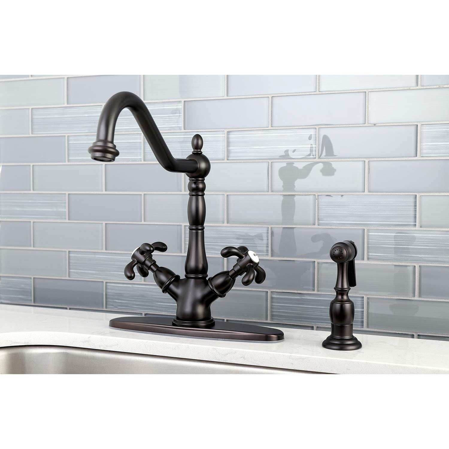 Kingston Brass KS1235TXBS French Country Mono Deck Mount Kitchen Faucet with Brass Sprayer, 8-1/2-Inch, Oil Rubbed Bronze