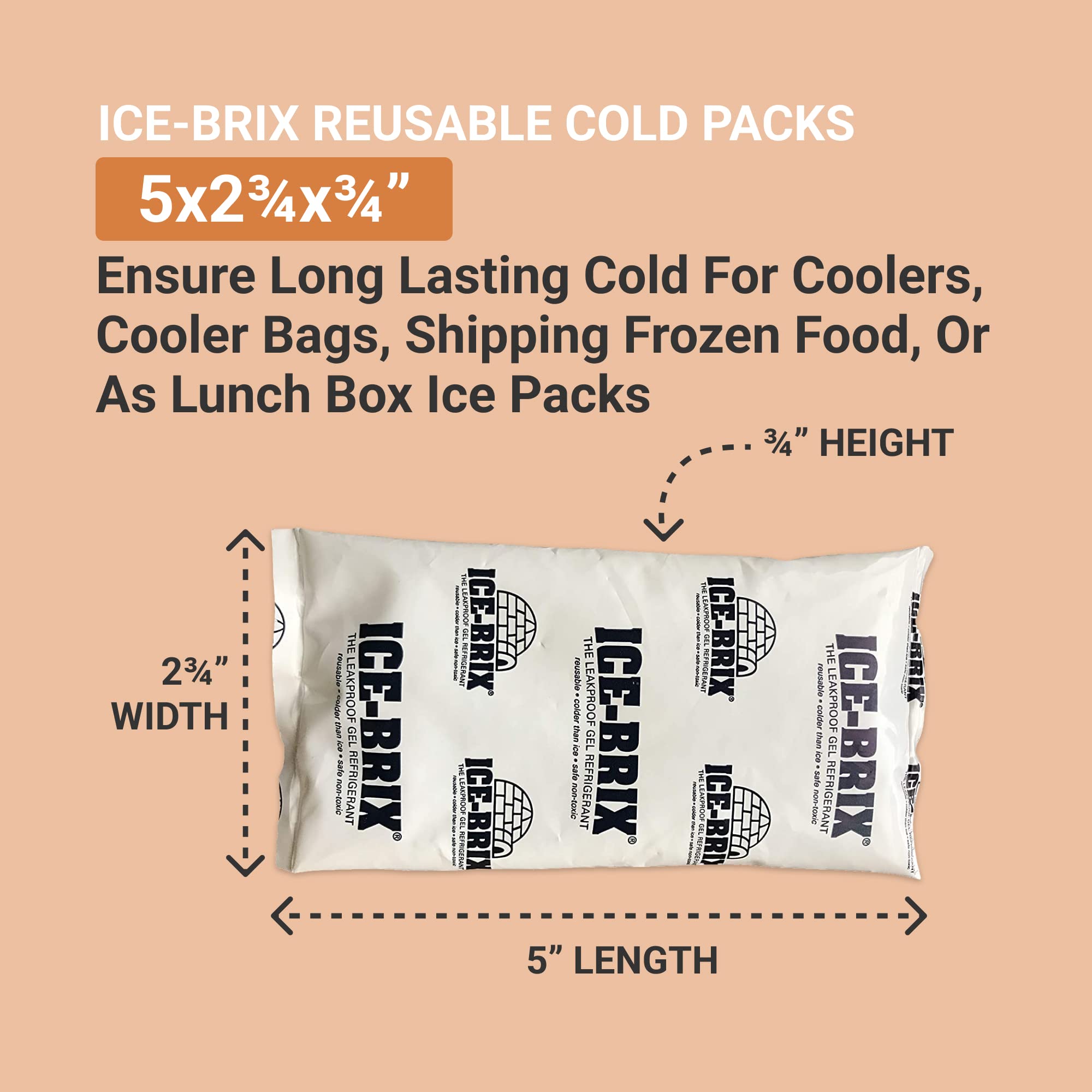 AVIDITI Ice-Brix Ice Packs: Food-Safe Reusable Refrigerant Gel Ice Packs for Instant Reliable Cold in Coolers, Shipping, or Lunch Box - 5” x 2 ¾”, (96 Pack)