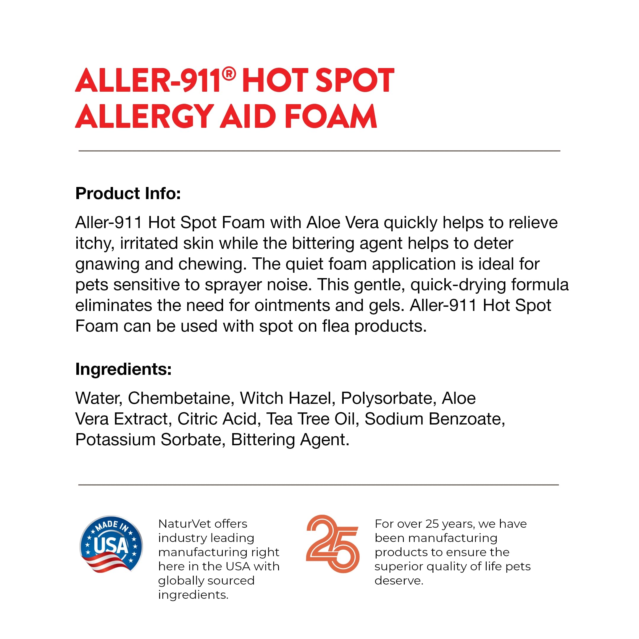 NaturVet Aller-911 Hot Spot Allergy Aid Foam Pet Supplement Plus Aloe Vera – Helps to Relieve Irritated, Itchy Skin for Cats, Dogs – Helps Deter Gnawing, Chewing – Quick Drying – 8 Oz.