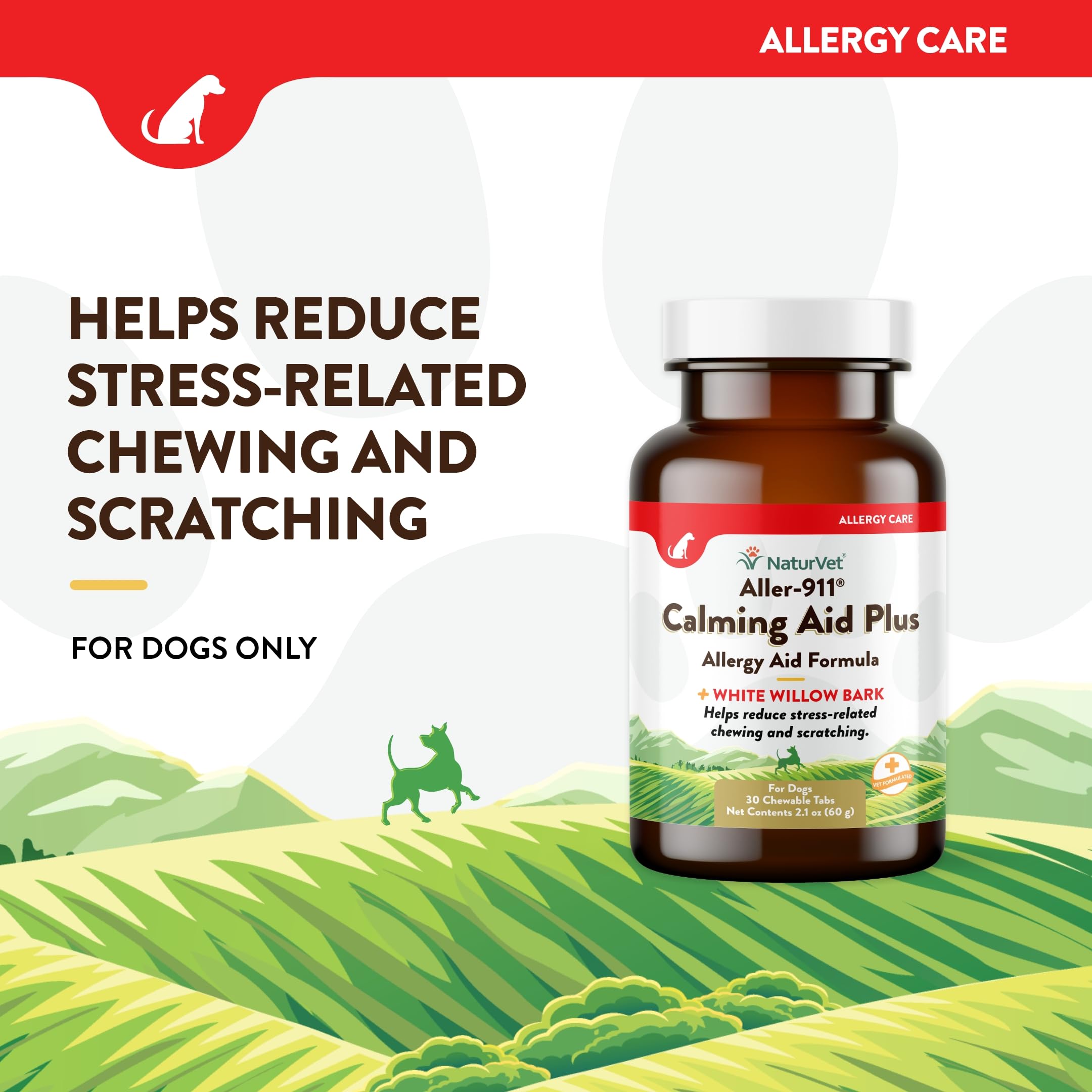 NaturVet Aller-911 Calming Aid & Allergy Aid Dog Supplement – Helps Reduce Stress, Minimize Seasonal Allergy Symptoms, Tension, Excessive Scratching - Includes Melatonin – 30 Ct.