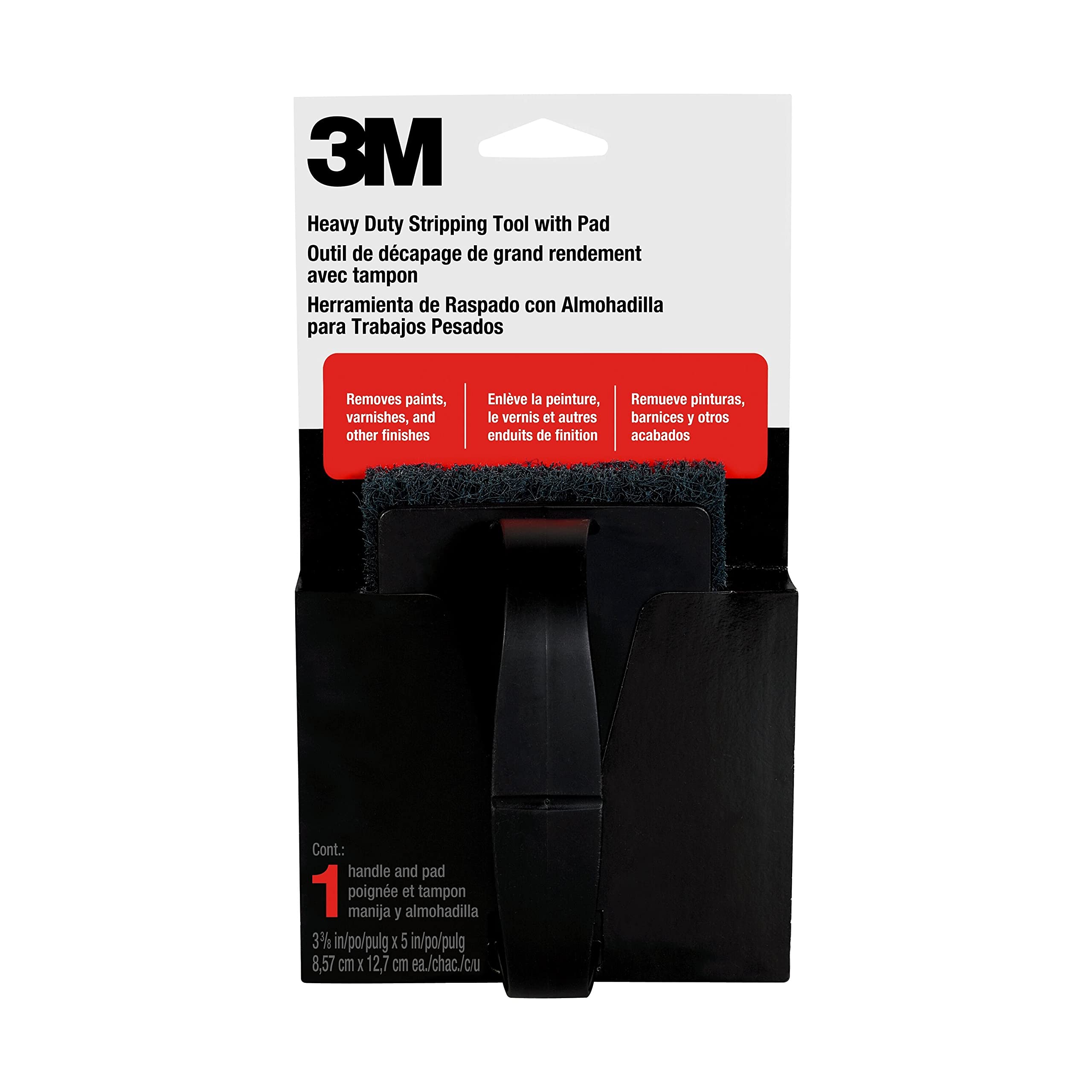 3M Heavy Duty Stripping Pad With Handle, 3-3/8 in x 5 in, Removes Paint, Varnish & Other Finishes, #3 Coarse, Synthetic Material Does Not Rust, Splinter Or Shred Like Steel Wool (10110NA)