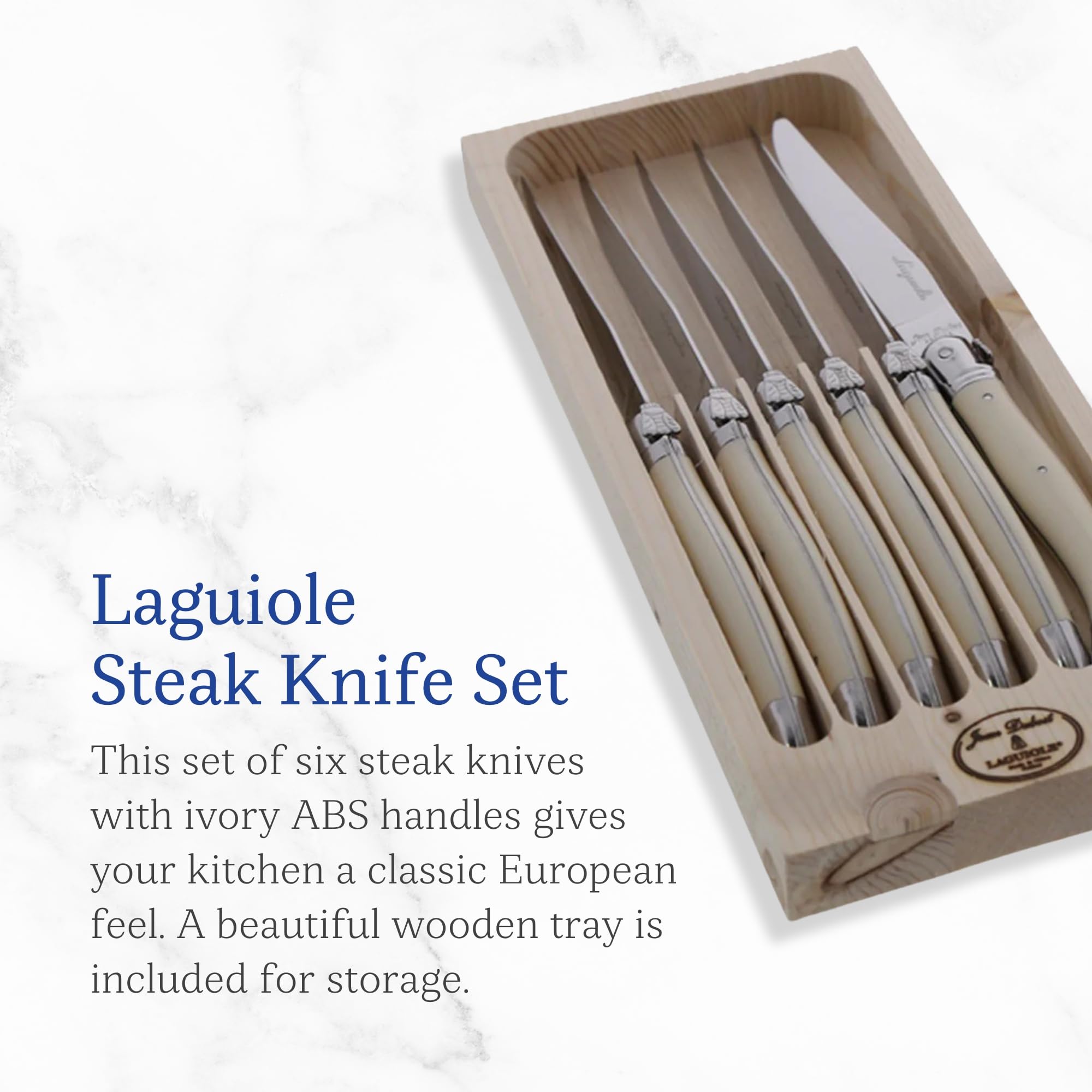 Jean Dubost Laguiole 6-Piece Steak Knife Set, Ivory Handles - 1.2 mm Blades - Rust-Resistant Stainless Steel - Includes Wooden Tray - Made in France