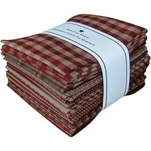 Red Tan Beige Homespun Fabric Checks Stripes Fat Quarter (12 pk) Bundle 100% Cotton 18" X 22"