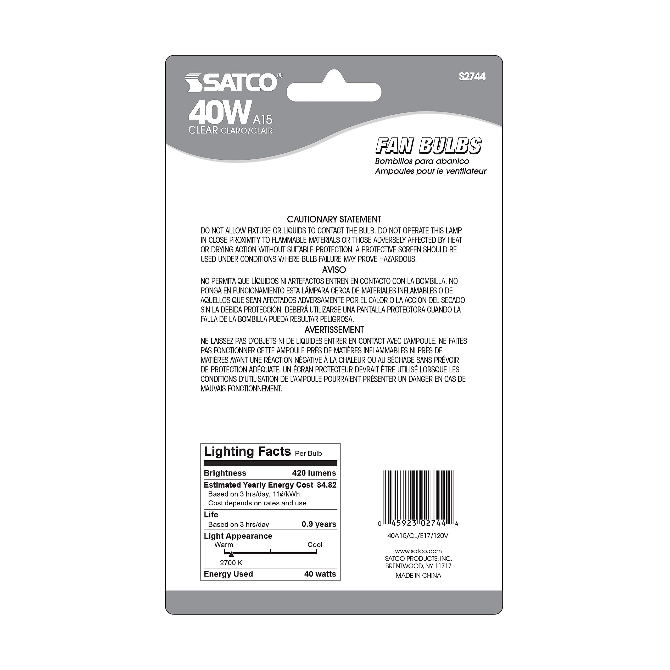 Satco S2744 120V Intermediate Base 40-Watt A15 Light Bulb, Clear , White