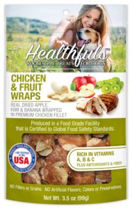 westminster pet products healthfuls chicken wrapped fruit treats, 3.5 oz - dried apple, kiwi, and banana wrapped in premium chicken filet - healthy, protein rich treats for dogs