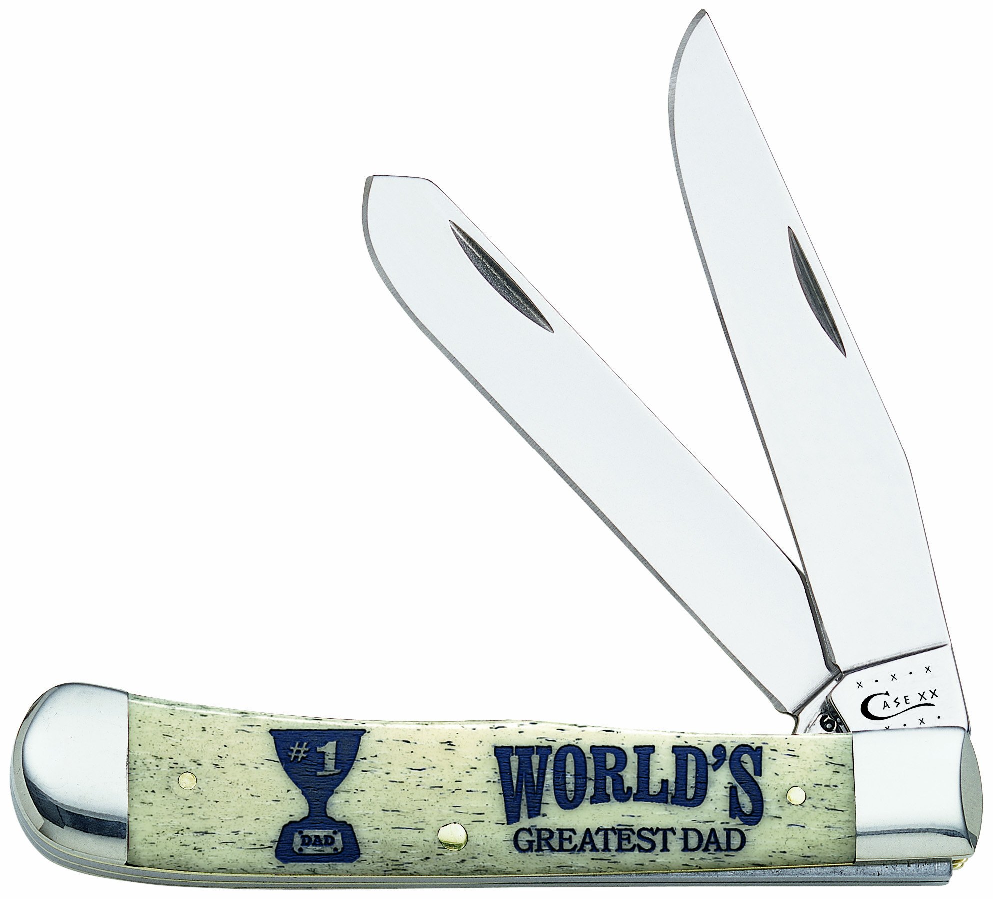 Case WR XX Pocket Knife Natural Smooth Bone Trapper-World's Greatest Dad Item #7929 - (6254 SS) - Length Closed: 4 1/8 Inches