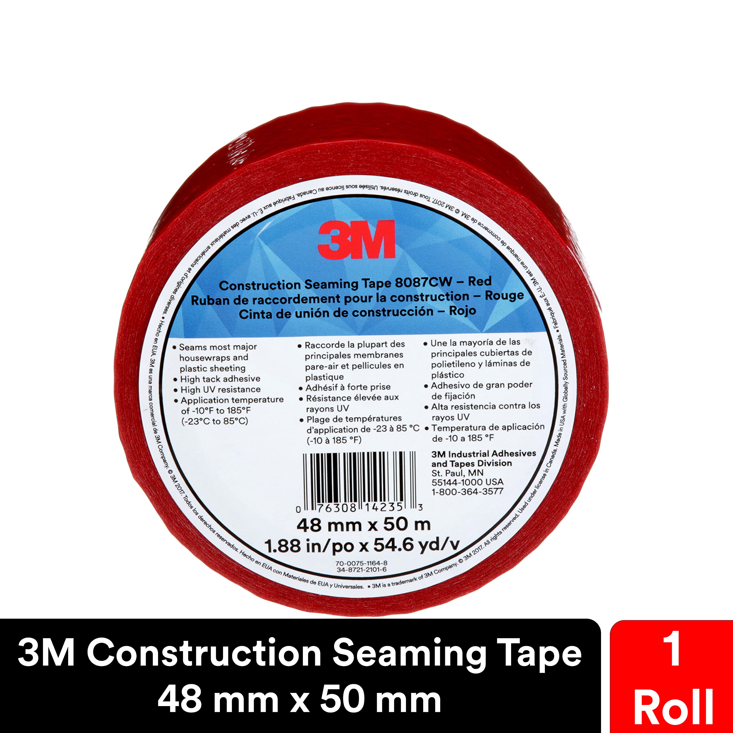 3M Construction Seaming Tape 8087CW, 1 Roll, Red, 48 mm x 50 m, Sheathing Tape for Seaming, Splicing, Sealing, and Repairing Moisture Barriers, Flexible in Cold Weather and High Heat