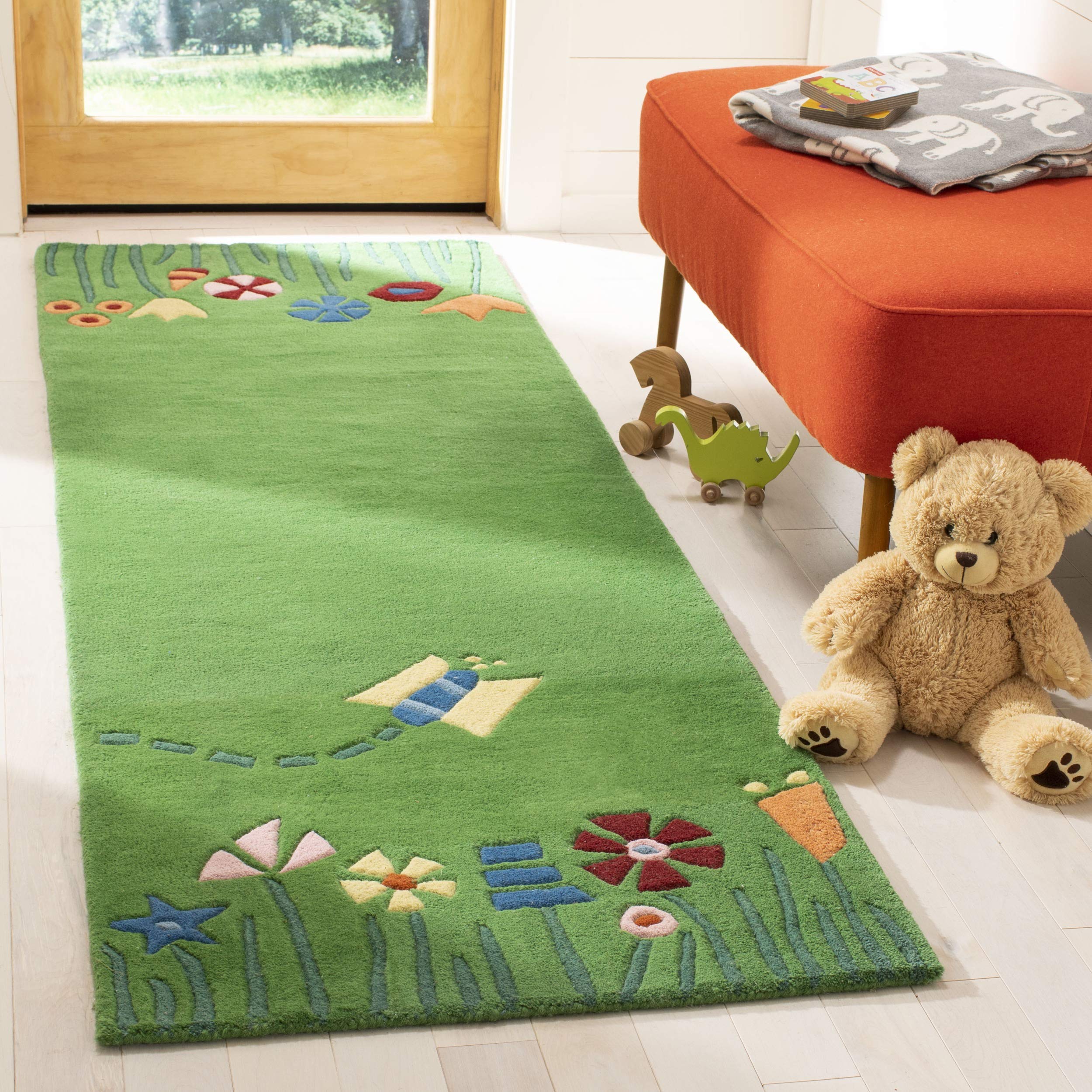 SAFAVIEH Kids Collection Accent Rug - 2' x 3', Green & Multi, Handmade Grass and Flowers Wool, Ideal for High Traffic Areas in Entryway, Living Room, Bedroom (SFK751A)