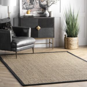 nuloom 5x8 elijah seagrass area rug, black, solid farmhouse style, cotton bordered, basketweave, natural fiber, for bedroom, dining room, living room, hallway, office, kitchen, entryway