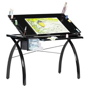 futura crafting, drafting, drawing table with adjustable top, black and black glass