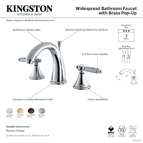 Kingston Brass FS7985GL Georgian Widespread Lavatory Faucet with Brass Pop-Up, 5-1/2-Inch, Oil Rubbed Bronze