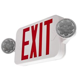 LFI Lights | Combo Red Exit Sign with Emergency Lights | White Housing | All LED | Two Adjustable Round Heads | Hardwired with Battery Backup | UL Listed | (1 Pack) | COMBOJR2-R